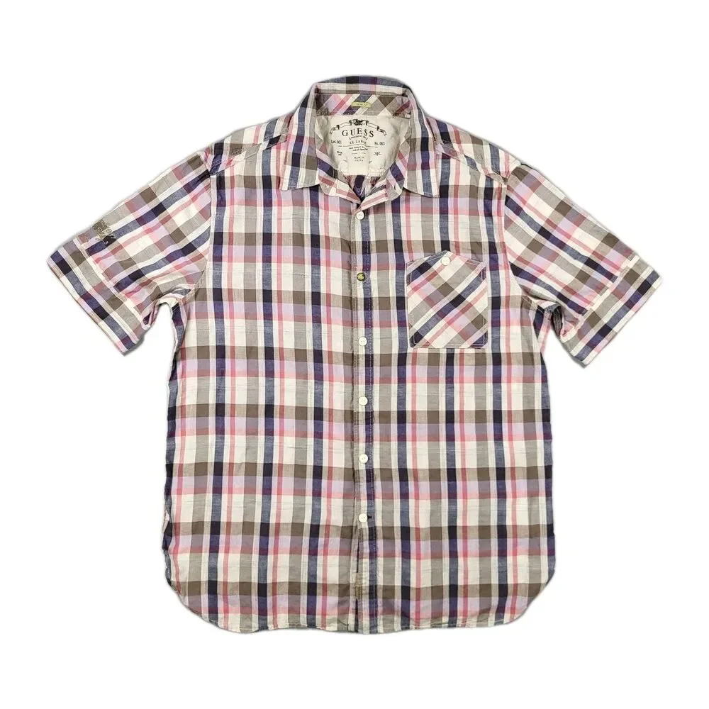 GUESS Men's Slim Fit Short Sleeve Plaid Shirt - Multicolor (Blue/Pink/Gray) - Picture 1 of 14